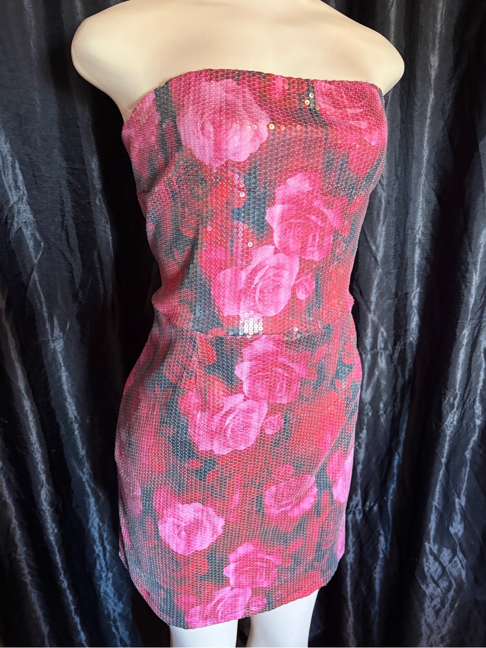 Strapless Pink Rose Sequin Mini Dress